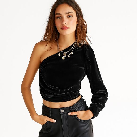 FREE PEOPLE Tell Me About It Top Black Velvet One Shoulder Size XS FEMININE - Picture 1 of 9